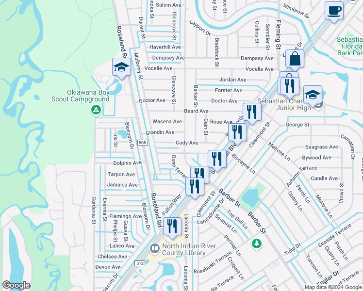 map of restaurants, bars, coffee shops, grocery stores, and more near 801 Cody Avenue in Sebastian