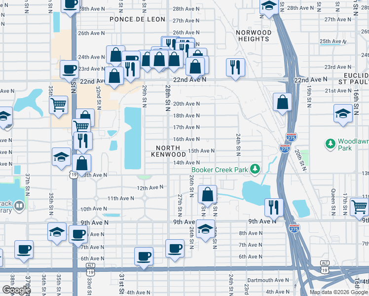 map of restaurants, bars, coffee shops, grocery stores, and more near 2631 15th Avenue North in Saint Petersburg
