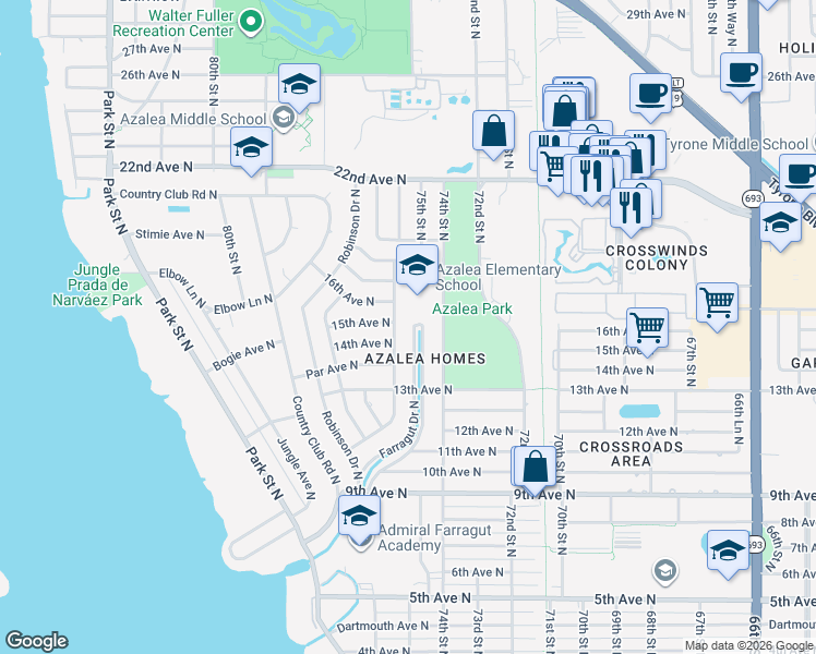 map of restaurants, bars, coffee shops, grocery stores, and more near 1377 Farragut Drive North in St. Petersburg