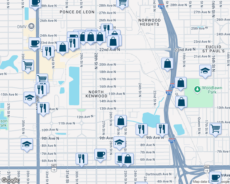 map of restaurants, bars, coffee shops, grocery stores, and more near 2526 15th Avenue North in St. Petersburg