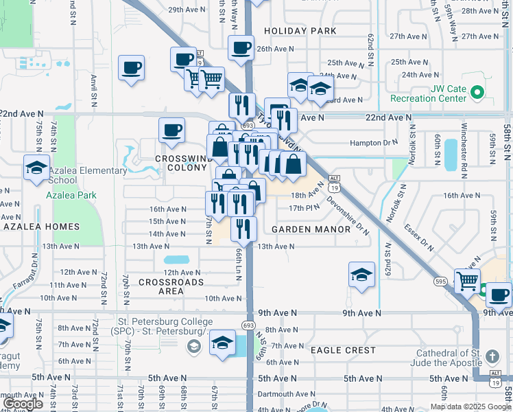 map of restaurants, bars, coffee shops, grocery stores, and more near 1501 66th Street North in St. Petersburg