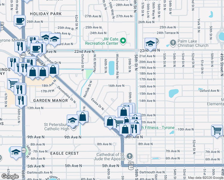 map of restaurants, bars, coffee shops, grocery stores, and more near 6027 16th Avenue North in St. Petersburg