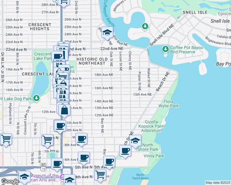 map of restaurants, bars, coffee shops, grocery stores, and more near 355 16th Avenue Northeast in St. Petersburg