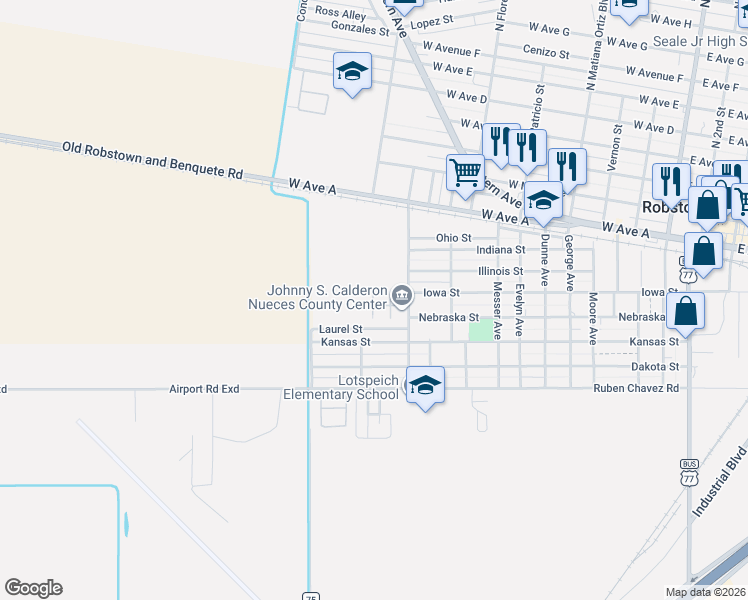 map of restaurants, bars, coffee shops, grocery stores, and more near 515 Pat Shutter Street in Robstown