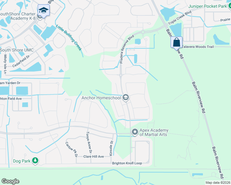 map of restaurants, bars, coffee shops, grocery stores, and more near 13559 Willow Bluestar Loop in Riverview