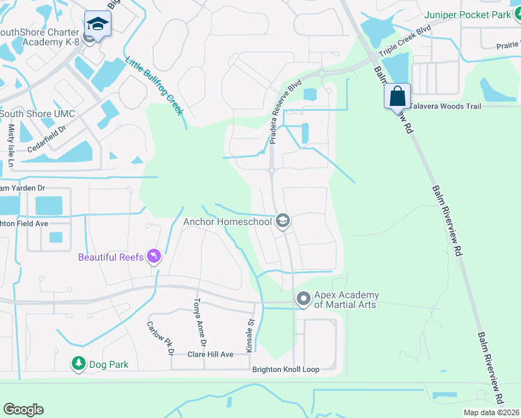 map of restaurants, bars, coffee shops, grocery stores, and more near 13525 Wild Ginger Street in Riverview