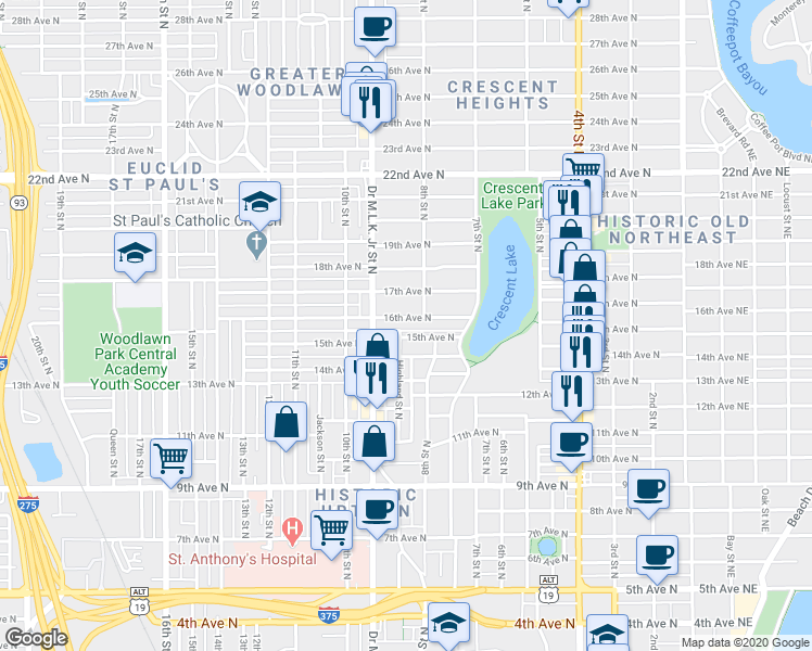 map of restaurants, bars, coffee shops, grocery stores, and more near 843 16th Avenue North in St. Petersburg