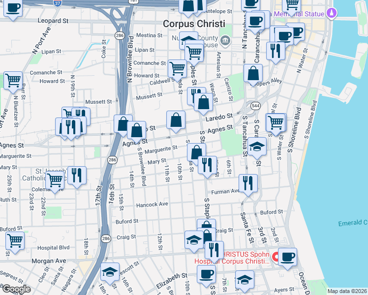 map of restaurants, bars, coffee shops, grocery stores, and more near 1205 Agnes Street in Corpus Christi