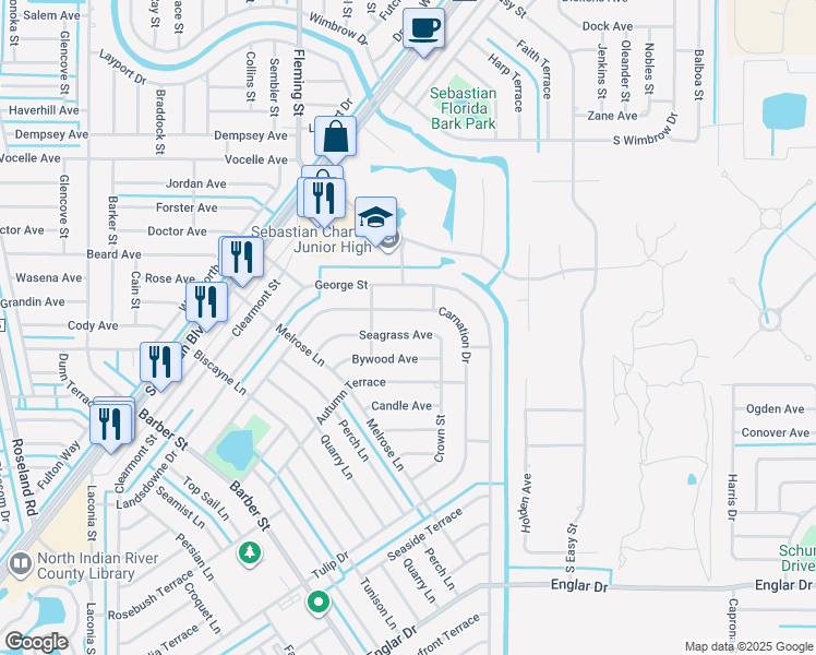 map of restaurants, bars, coffee shops, grocery stores, and more near 771 Carnation Drive in Sebastian