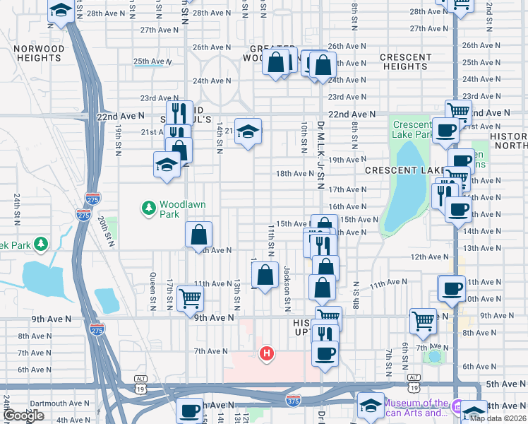 map of restaurants, bars, coffee shops, grocery stores, and more near 1616 11th Street North in St. Petersburg