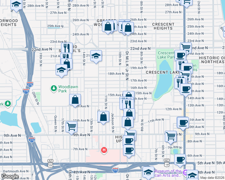 map of restaurants, bars, coffee shops, grocery stores, and more near 1047 16th Avenue North in St. Petersburg