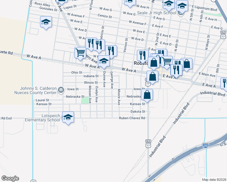 map of restaurants, bars, coffee shops, grocery stores, and more near 604 Illinois Street in Robstown