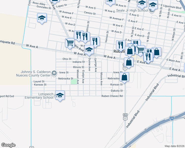 map of restaurants, bars, coffee shops, grocery stores, and more near 604 Illinois Street in Robstown