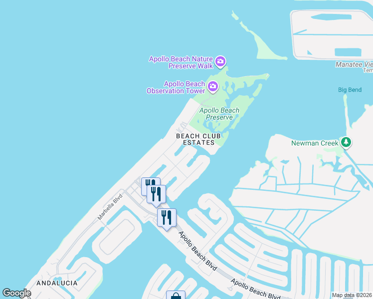 map of restaurants, bars, coffee shops, grocery stores, and more near 1416 Beach Club Lane in Apollo Beach