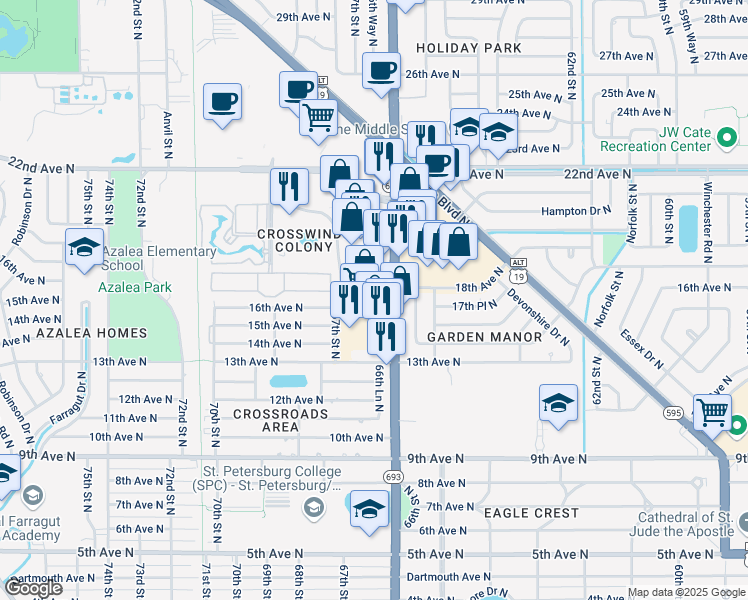map of restaurants, bars, coffee shops, grocery stores, and more near 1800 66th Street North in St. Petersburg