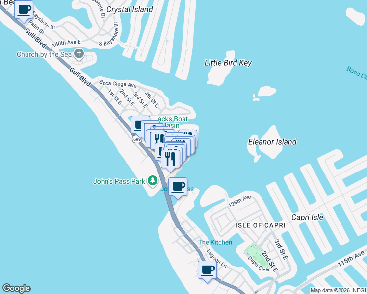 map of restaurants, bars, coffee shops, grocery stores, and more near 441 129th Avenue East in Madeira Beach