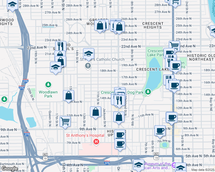 map of restaurants, bars, coffee shops, grocery stores, and more near 1024 16th Avenue North in St. Petersburg