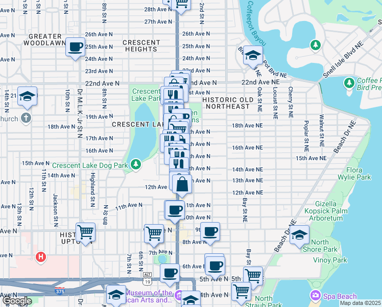 map of restaurants, bars, coffee shops, grocery stores, and more near 310 16th Avenue North in St. Petersburg