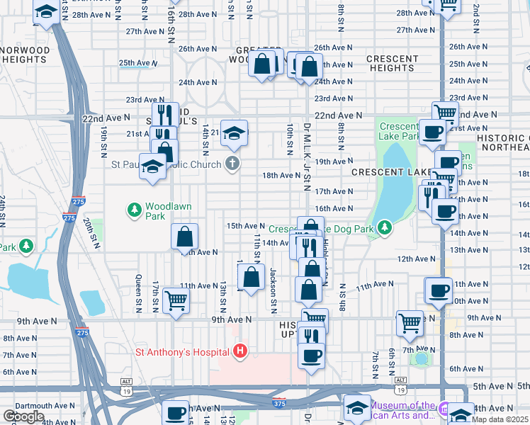 map of restaurants, bars, coffee shops, grocery stores, and more near 1616 11th Street North in St. Petersburg
