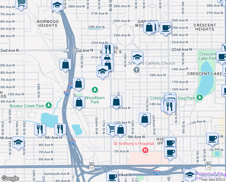 map of restaurants, bars, coffee shops, grocery stores, and more near 1601 16th Street North in St. Petersburg