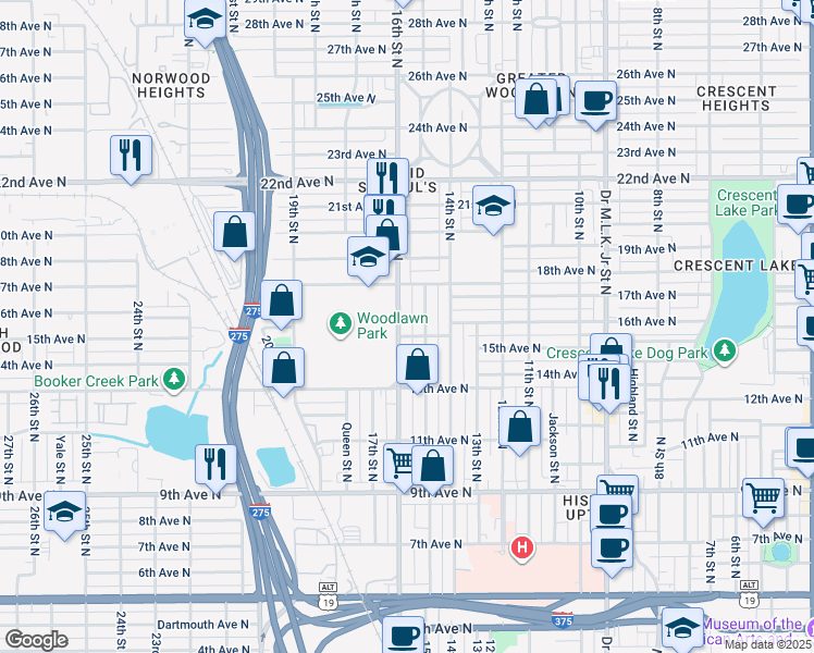 map of restaurants, bars, coffee shops, grocery stores, and more near 1501 16th Street North in St. Petersburg