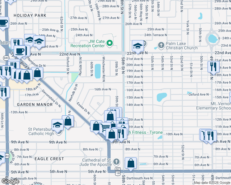 map of restaurants, bars, coffee shops, grocery stores, and more near 1541 59th Street North in St. Petersburg