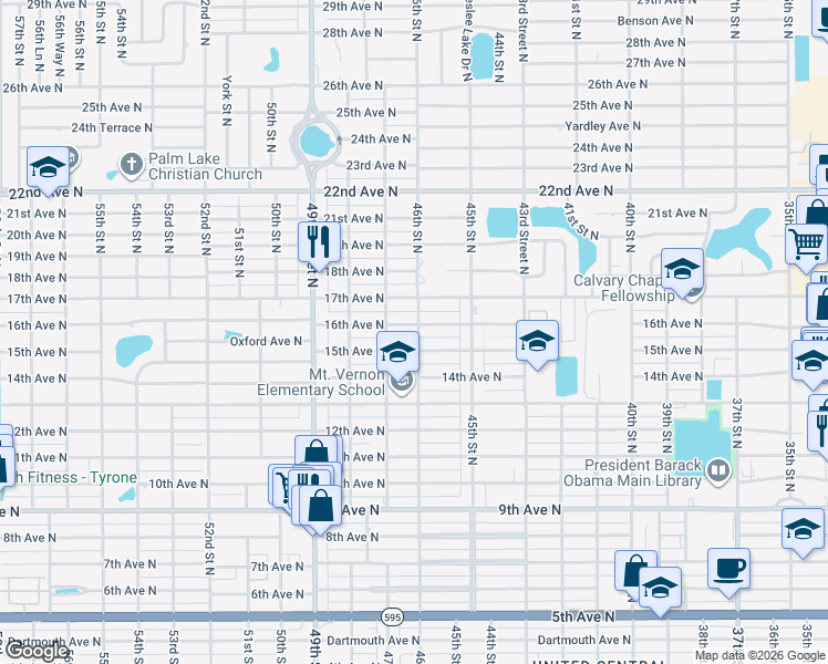 map of restaurants, bars, coffee shops, grocery stores, and more near 4627 16th Avenue North in St. Petersburg