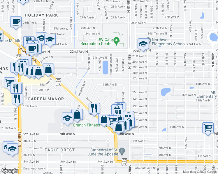 map of restaurants, bars, coffee shops, grocery stores, and more near 6027 16th Avenue North in St. Petersburg