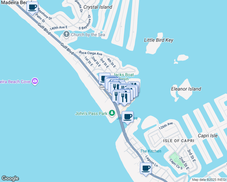 map of restaurants, bars, coffee shops, grocery stores, and more near 13017 Pelican Lane in Madeira Beach