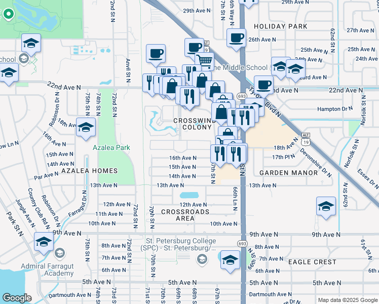 map of restaurants, bars, coffee shops, grocery stores, and more near 6768 16th Terrace North in Saint Petersburg