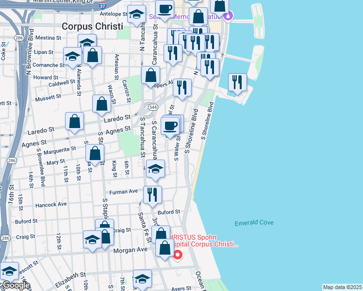 map of restaurants, bars, coffee shops, grocery stores, and more near 555 South Shoreline Boulevard in Corpus Christi