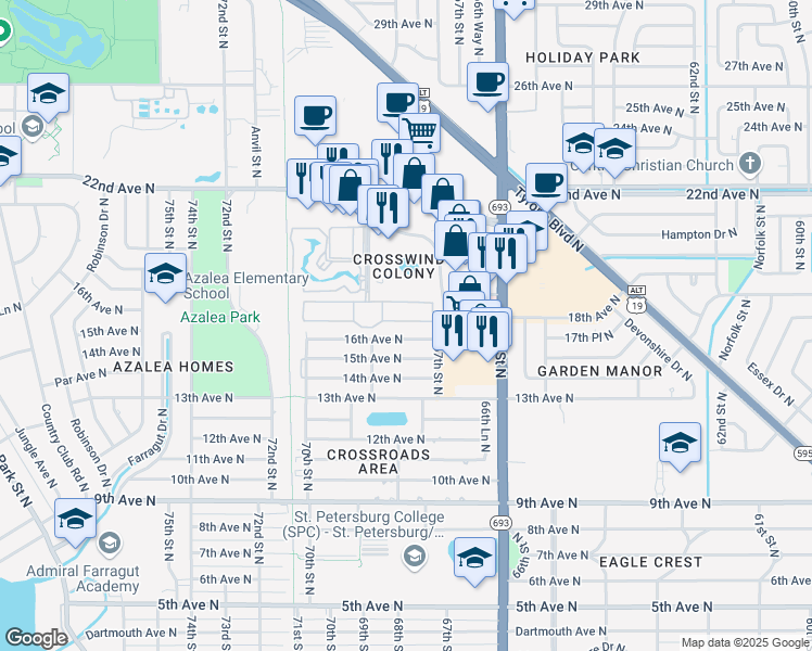 map of restaurants, bars, coffee shops, grocery stores, and more near 6738 16th Terrace North in St. Petersburg