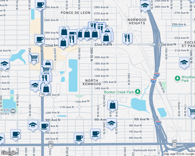 map of restaurants, bars, coffee shops, grocery stores, and more near 2749 16th Avenue North in St. Petersburg