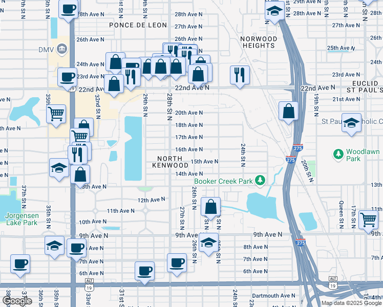 map of restaurants, bars, coffee shops, grocery stores, and more near 2601 16th Avenue North in St. Petersburg