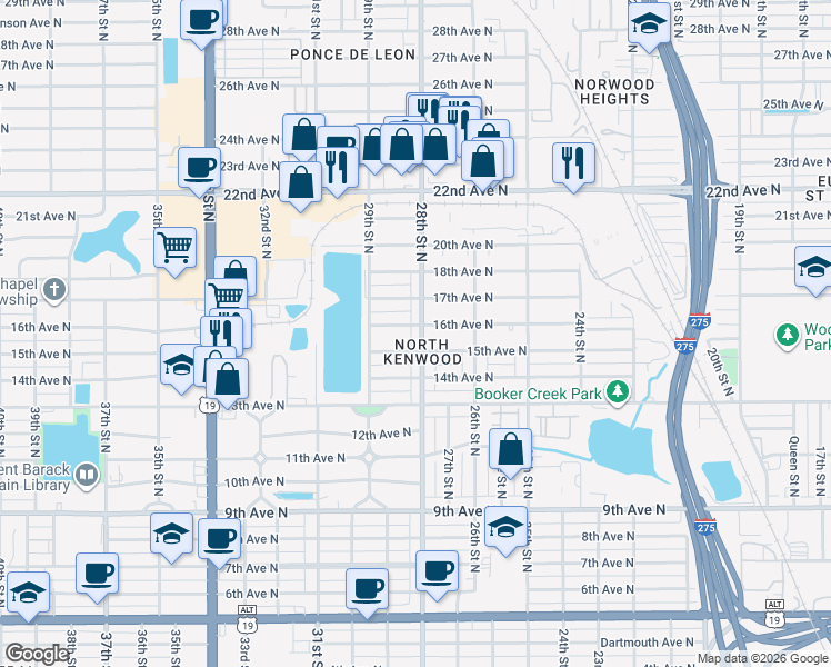 map of restaurants, bars, coffee shops, grocery stores, and more near 2749 16th Avenue North in St. Petersburg