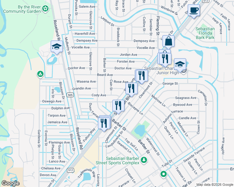 map of restaurants, bars, coffee shops, grocery stores, and more near 838 Wentworth Street in Sebastian