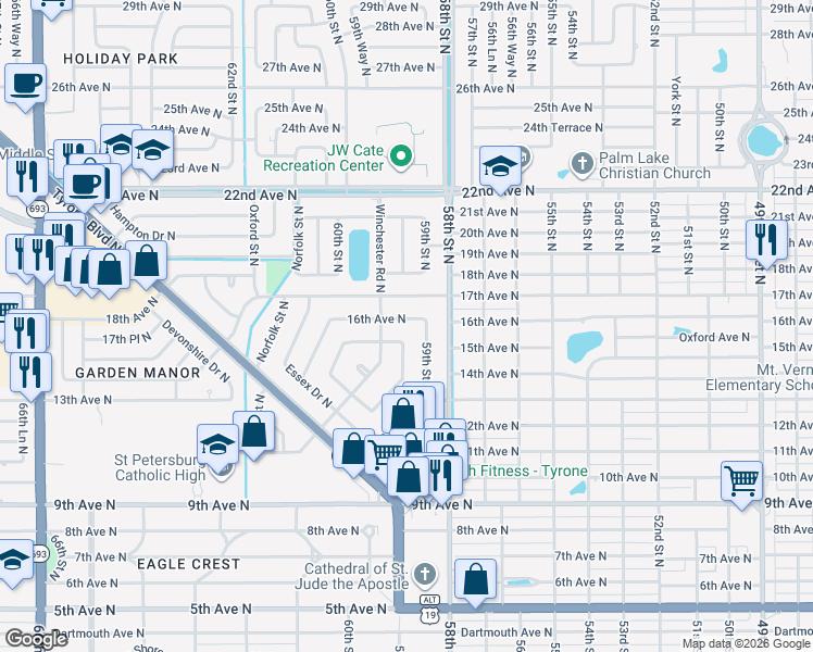map of restaurants, bars, coffee shops, grocery stores, and more near 5941 16th Avenue North in St. Petersburg