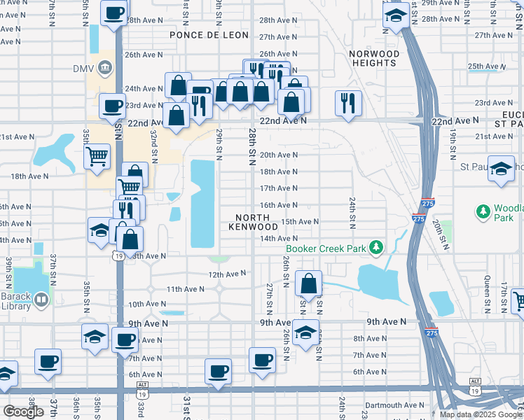 map of restaurants, bars, coffee shops, grocery stores, and more near 2749 16th Avenue North in St. Petersburg