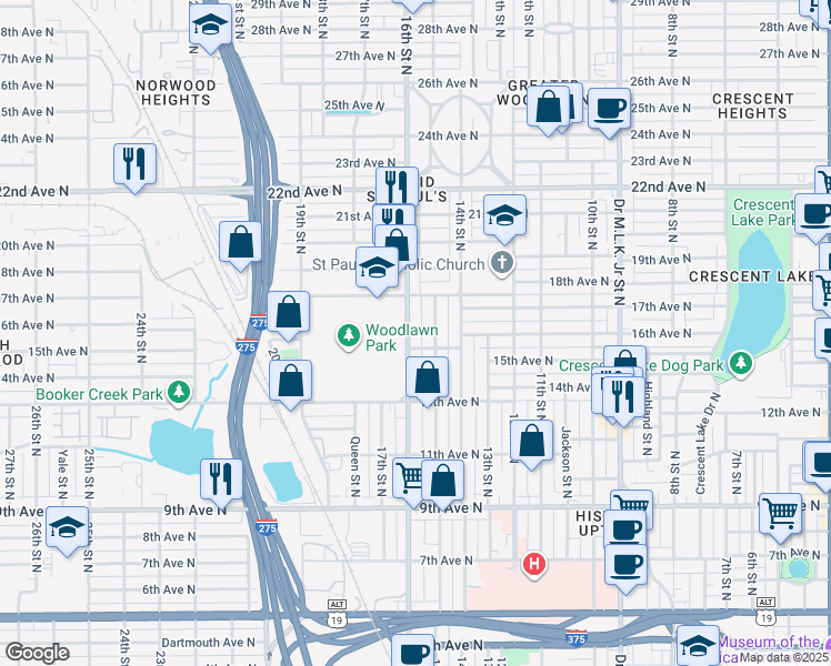 map of restaurants, bars, coffee shops, grocery stores, and more near 1601 16th Street North in St. Petersburg