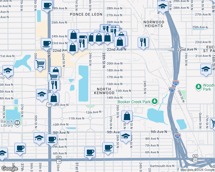 map of restaurants, bars, coffee shops, grocery stores, and more near 2749 16th Avenue North in St. Petersburg