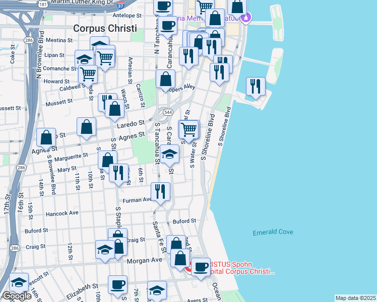 map of restaurants, bars, coffee shops, grocery stores, and more near 555 South Shoreline Boulevard in Corpus Christi