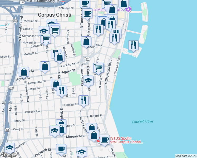 map of restaurants, bars, coffee shops, grocery stores, and more near 555 South Shoreline Boulevard in Corpus Christi