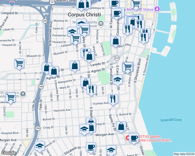 map of restaurants, bars, coffee shops, grocery stores, and more near 1006 Marguerite Street in Corpus Christi