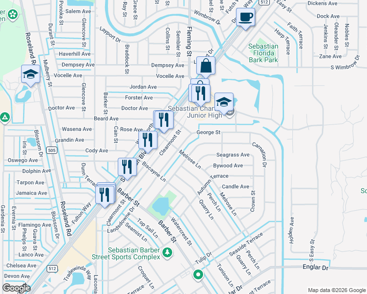 map of restaurants, bars, coffee shops, grocery stores, and more near 1106 Landsdowne Drive in Sebastian
