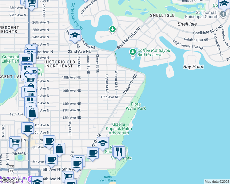 map of restaurants, bars, coffee shops, grocery stores, and more near 705 16th Avenue Northeast in St. Petersburg