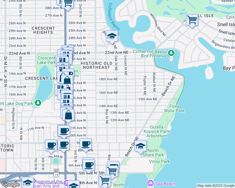 map of restaurants, bars, coffee shops, grocery stores, and more near 306 16th Avenue Northeast in Saint Petersburg