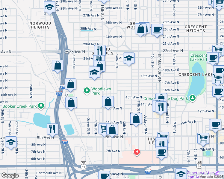 map of restaurants, bars, coffee shops, grocery stores, and more near 1525 15th Street North in St. Petersburg