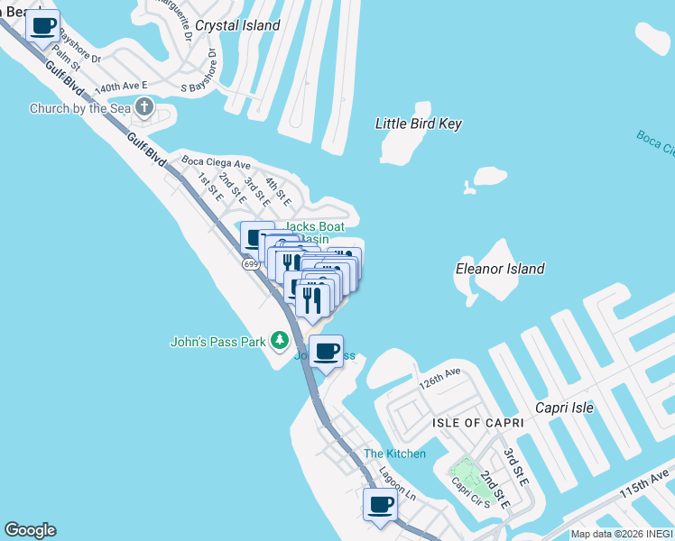 map of restaurants, bars, coffee shops, grocery stores, and more near 441 129th Avenue East in Madeira Beach