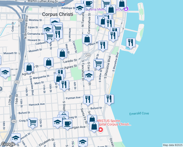 map of restaurants, bars, coffee shops, grocery stores, and more near 611 South Upper Broadway in Corpus Christi