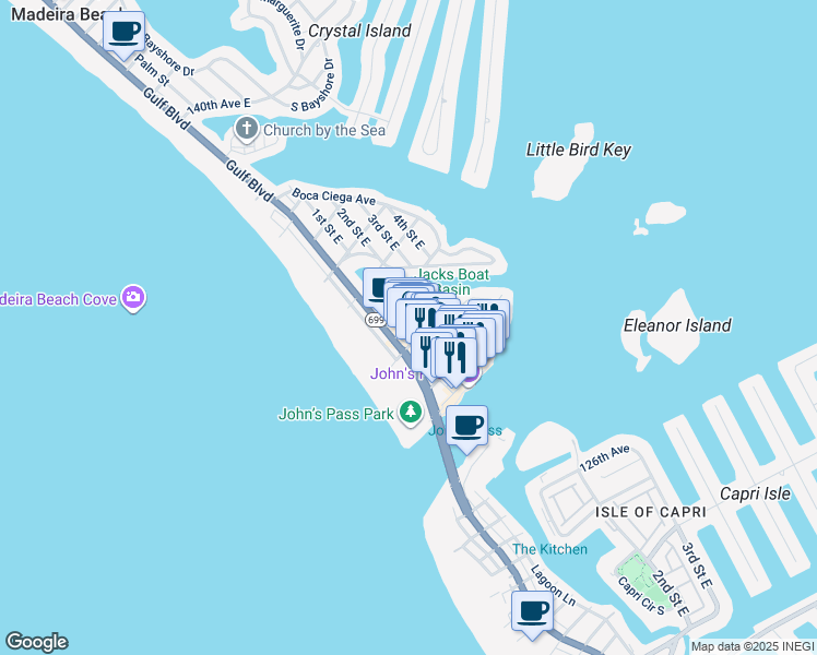 map of restaurants, bars, coffee shops, grocery stores, and more near 13017 Pelican Lane in Madeira Beach